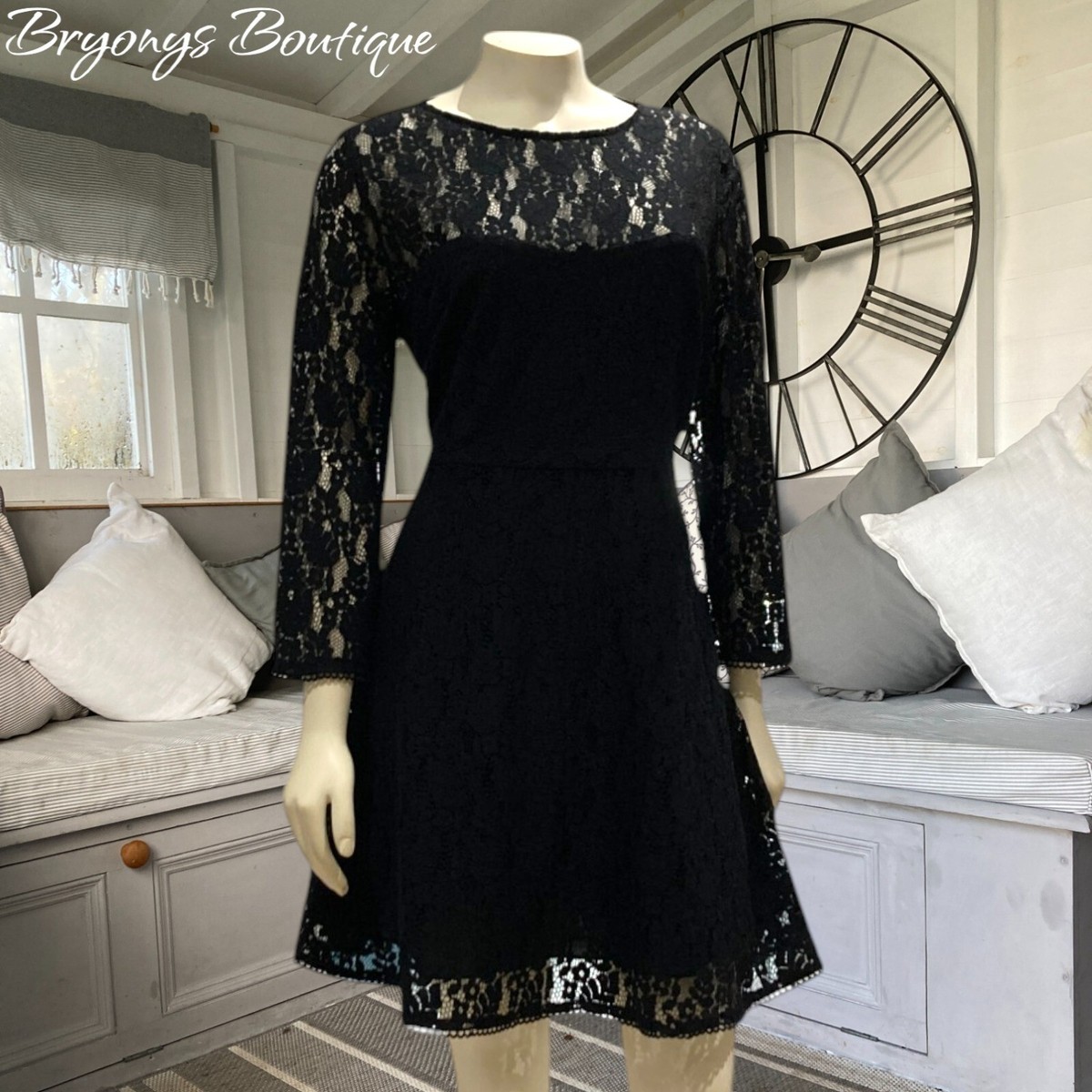 Jack Wills Chalkhouse Black Lace lined Mini Dress 12 with 3/4