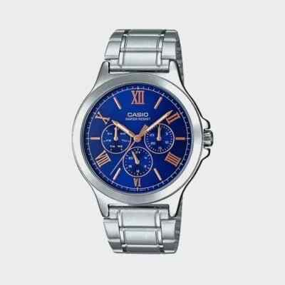 CASIO Herren Quarzuhr MTP-V300D-2A | Edelstahlband, blaues Zifferblatt, Tag, Da