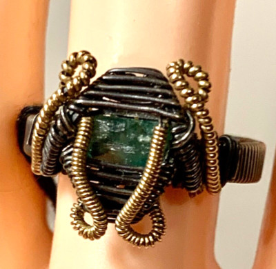 Ring 2 Tone Copper Wrapped Natural Emerald Stone Size 9 R-247