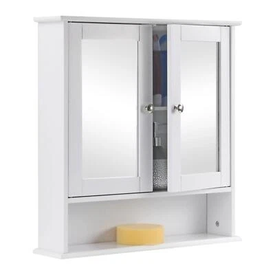 TOP HOME SOLUTION New White Wooden Double Mirror Door Indoor Wall Mountable Bathroom Cabinet Shelf