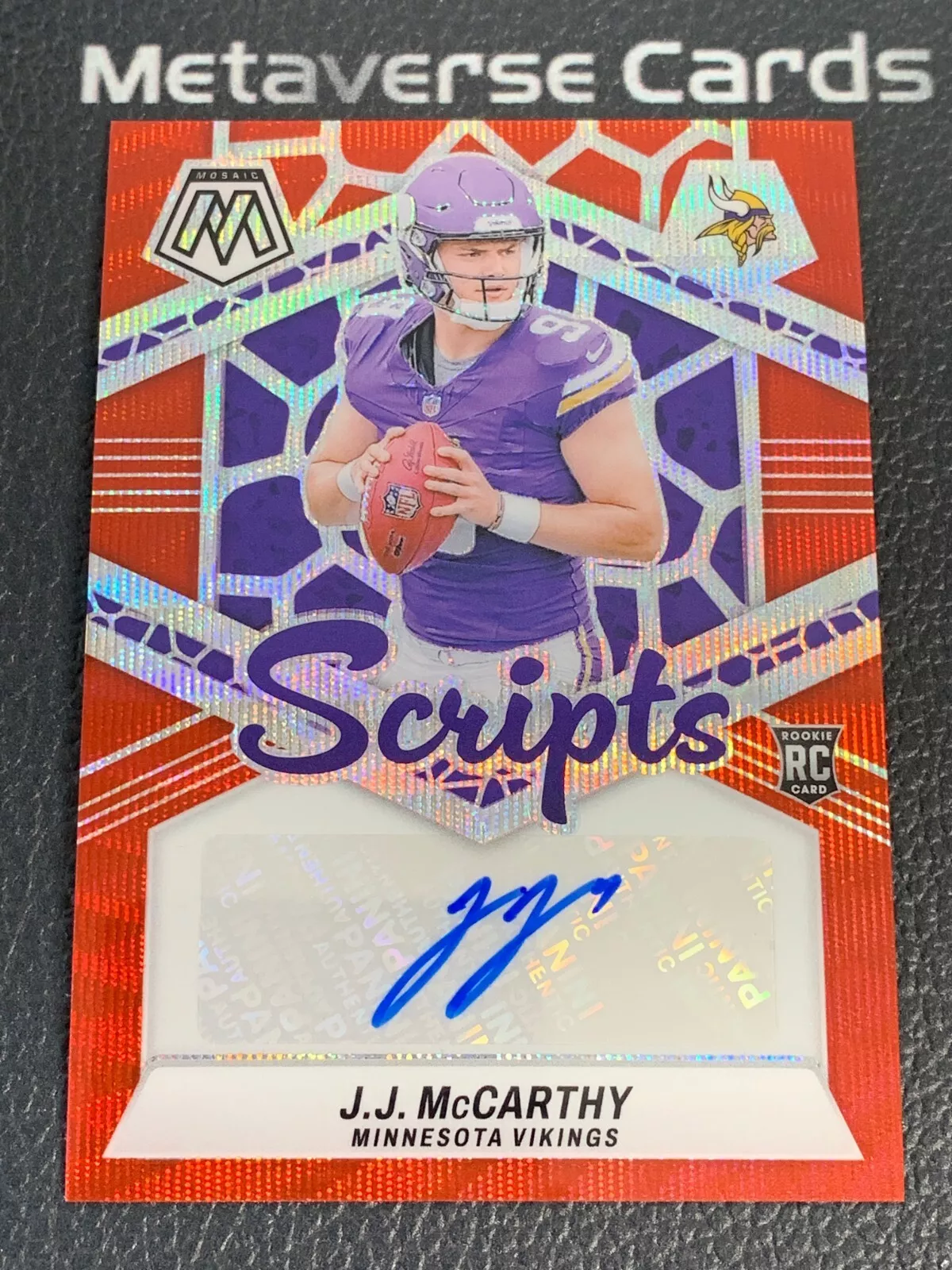 2024 Panini Mosaic JJ McCarthy RC Rookie Scripts Signatures Auto Red Wave Prizm