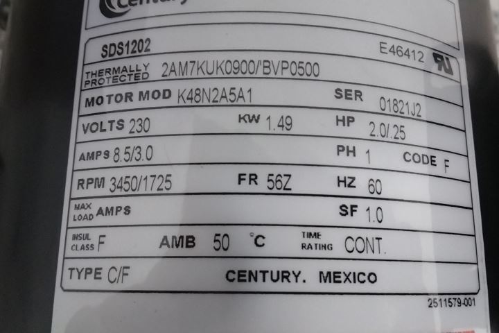 Century SDS1202 2; 1/4 HP 3450/1725 RPM 230VAC Pool and Spa Pump Motor