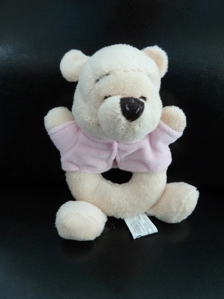 46. DOUDOU HOCHET DISNEY NICOTOY OURS WINNIE ECRU BLANC ROSE GRELOT TTBE - Photo 1/1