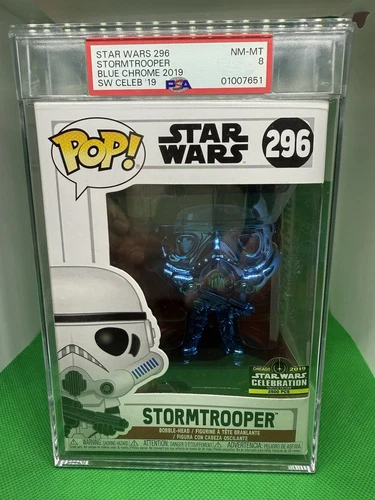Funko Pop Stormtrooper 296 Blue Chrome 2019 Star Wars Celebration LE 2500. PSA 8