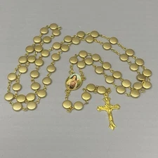 Rosary Necklace St Therese of Lisieux Matte Gold Tone Beads Crucifix Religious