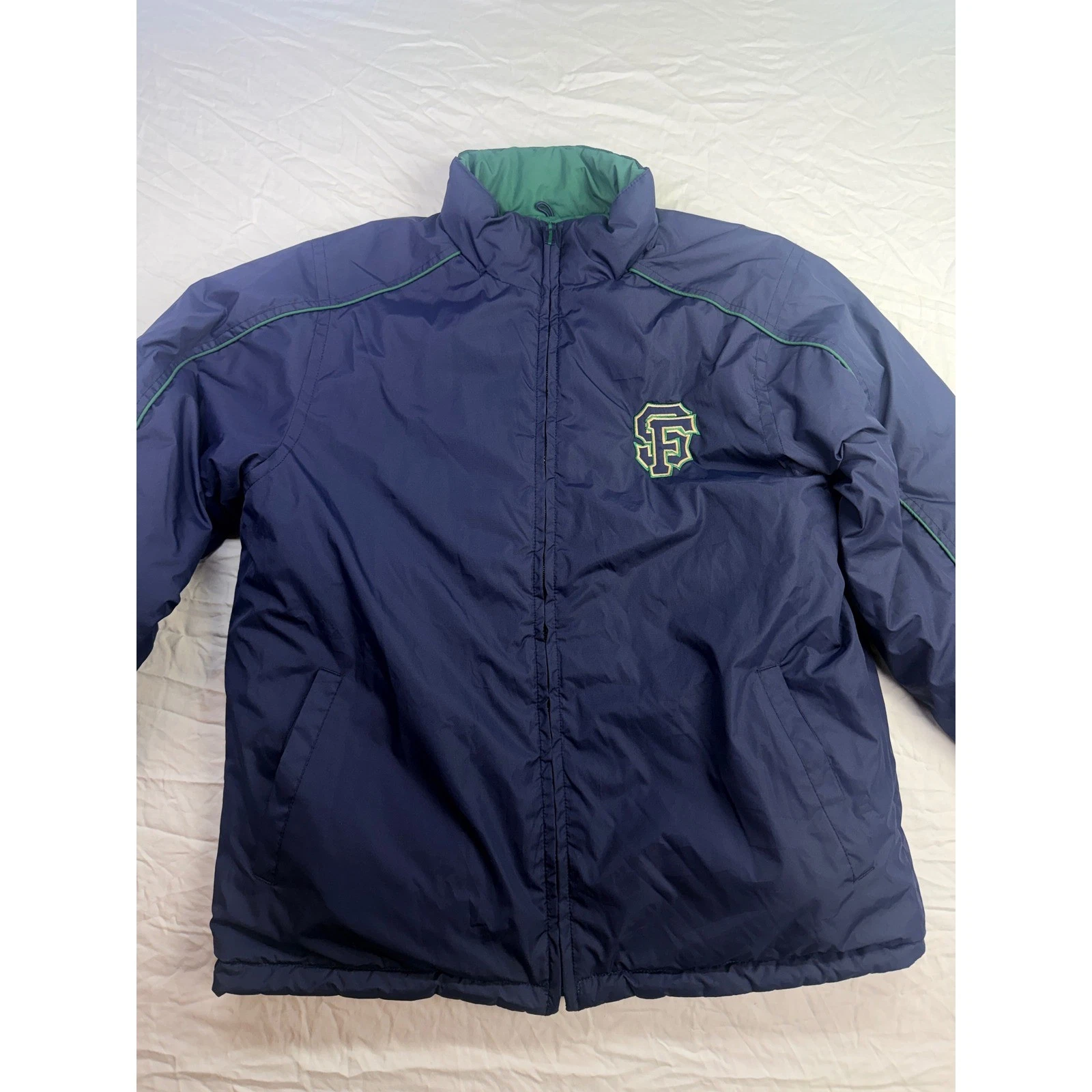 Devon & Jones Reversible Puffer Jacket Mens Medium Navy Green Cougars SF Logo EX - product detail image 1