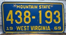 1969 West Virginia WV Mountain State License Plate Tag 438-193 Blue Yellow