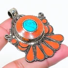 Turquoise Red Coral Pendant Handmade Tibetan Nepali Vintage Jewelry 2.2" NP 2490