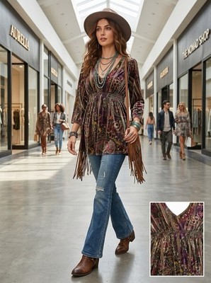 Energe World 3/4 Sleeve Empire Waist Velvet Paisley Whimsigoth Y2K Boho Shirt M