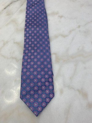 Tom James Silk Tie Tall Man Blue Pink Geometric Medallion Handmade Necktie