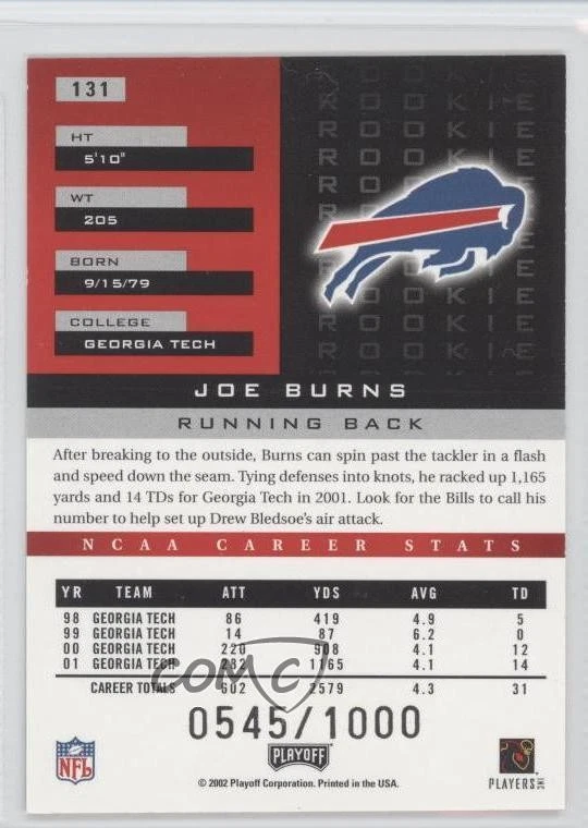 2002 Playoff Honors Rookie /1000 Joe Burns #131 Rookie RC - Image 2 of 2