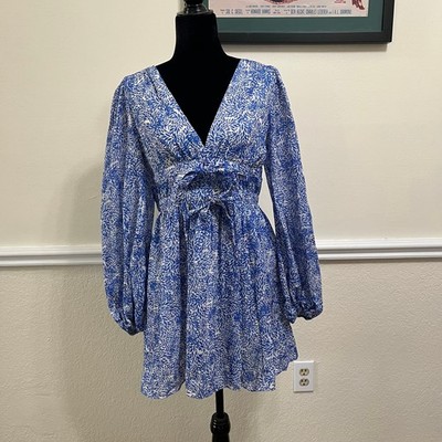 Amanda Uprichard Morello Dress In Chalet Blue Printed Long Sleeve Size M
