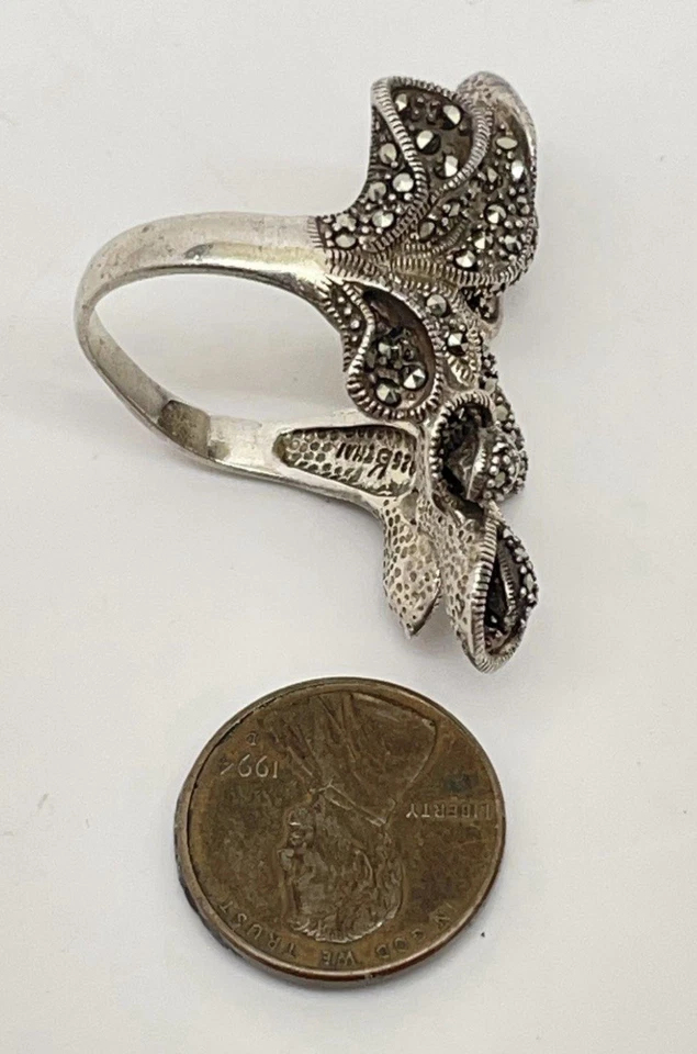 925 Sterling Silver  Vintage Marcasite Flower Motif Cocktail Ring Sz 6 RG23309 - Image 4 of 4