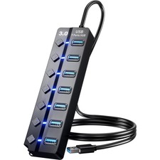 USB 3.0 Hub, 7-Port USB Data Hub Splitter with 3Ft Long Cable USB Extension for