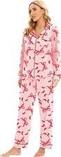 Women's Pink Red Bow Print Pajama Set PJs Soft Holiday Sleepwear Gift