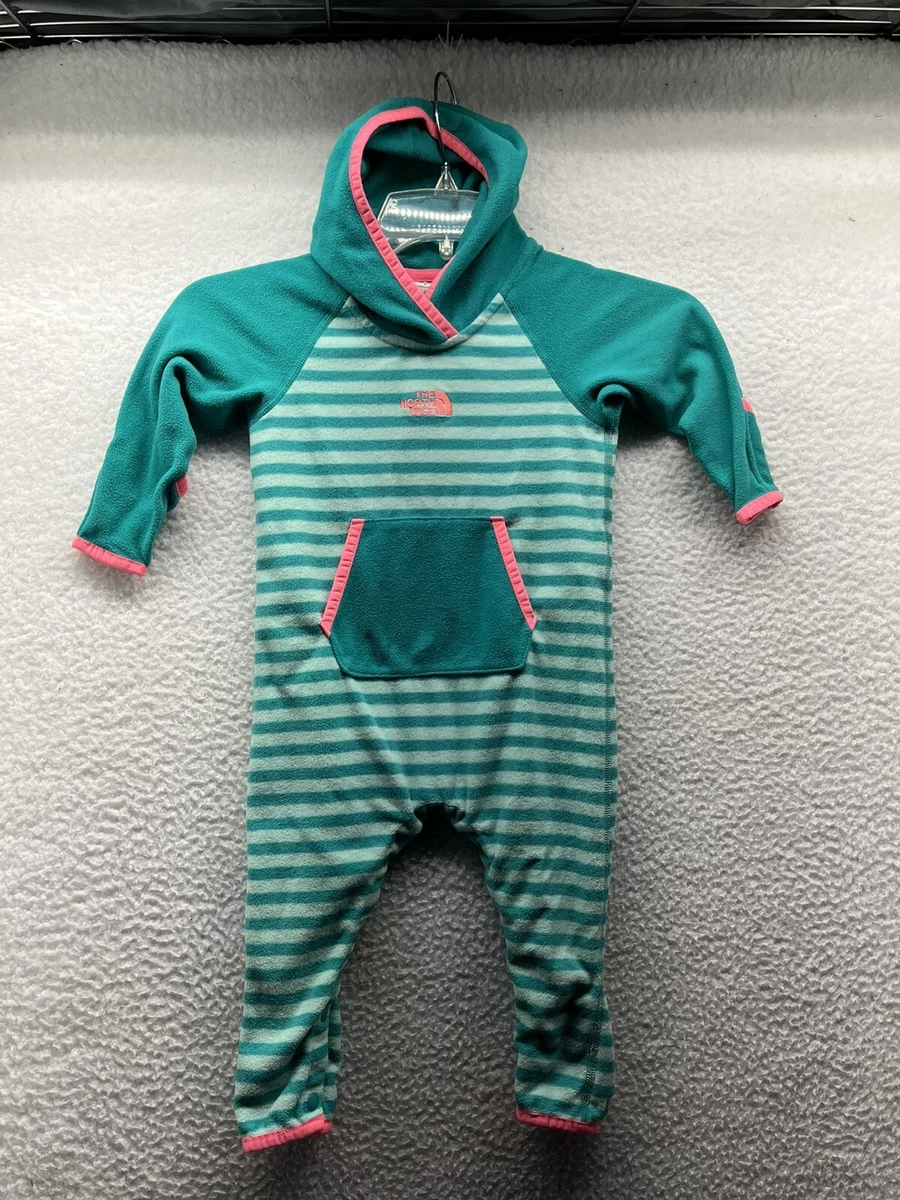 The North Face Fleece One Piece Infant 6 12 Month Green Stripe Snap Outfit Hood