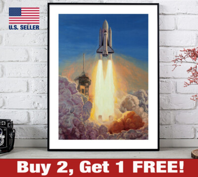 NASA Space Shuttle Launch 18'' x 24'' Print Retro SciFi Space Wall Art