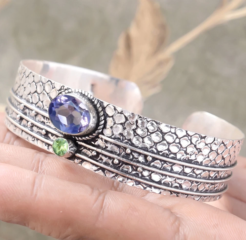 Purple Amethyst, Peridot Cut Bracelet 925 Sterling Silver Cuff Festival Jewelry - Image 2 of 4