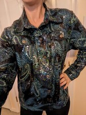 Choices Petite L Blue And Green Paisley Sequin Type Button Up Jacket Festive...