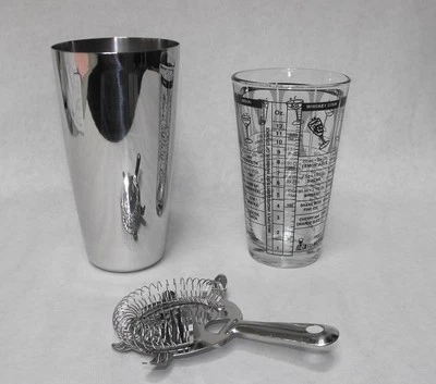 3 pc BOSTON COCKTAIL SHAKER KIT Mixing Glass, Strainer, Stainless Shaker Bar Kit