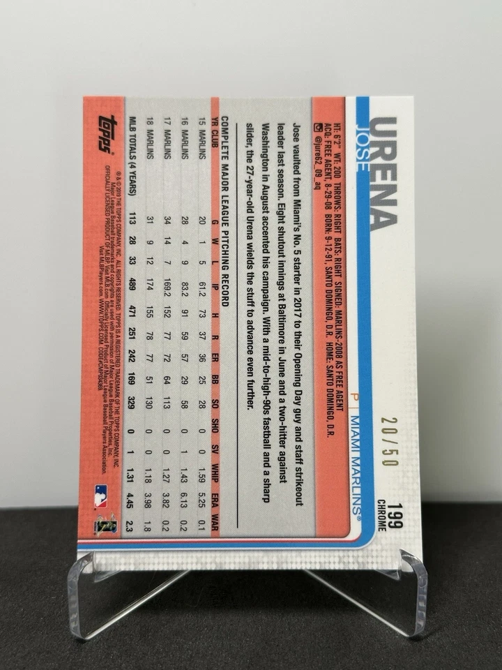 2019 Topps Chrome - Gold Wave Refractor #199 Jose Urena /50 - Image 2 of 2