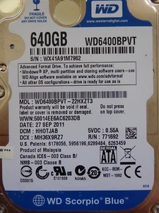 Western Digital WD6400BPVT-22HXZT3 | HH0TJAB | 27 SEP 2011 | 640GB