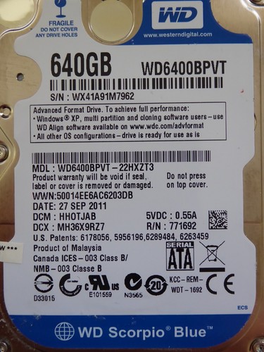 Western Digital WD6400BPVT-22HXZT3 | HH0TJAB | 27 SEP 2011 | 640GB