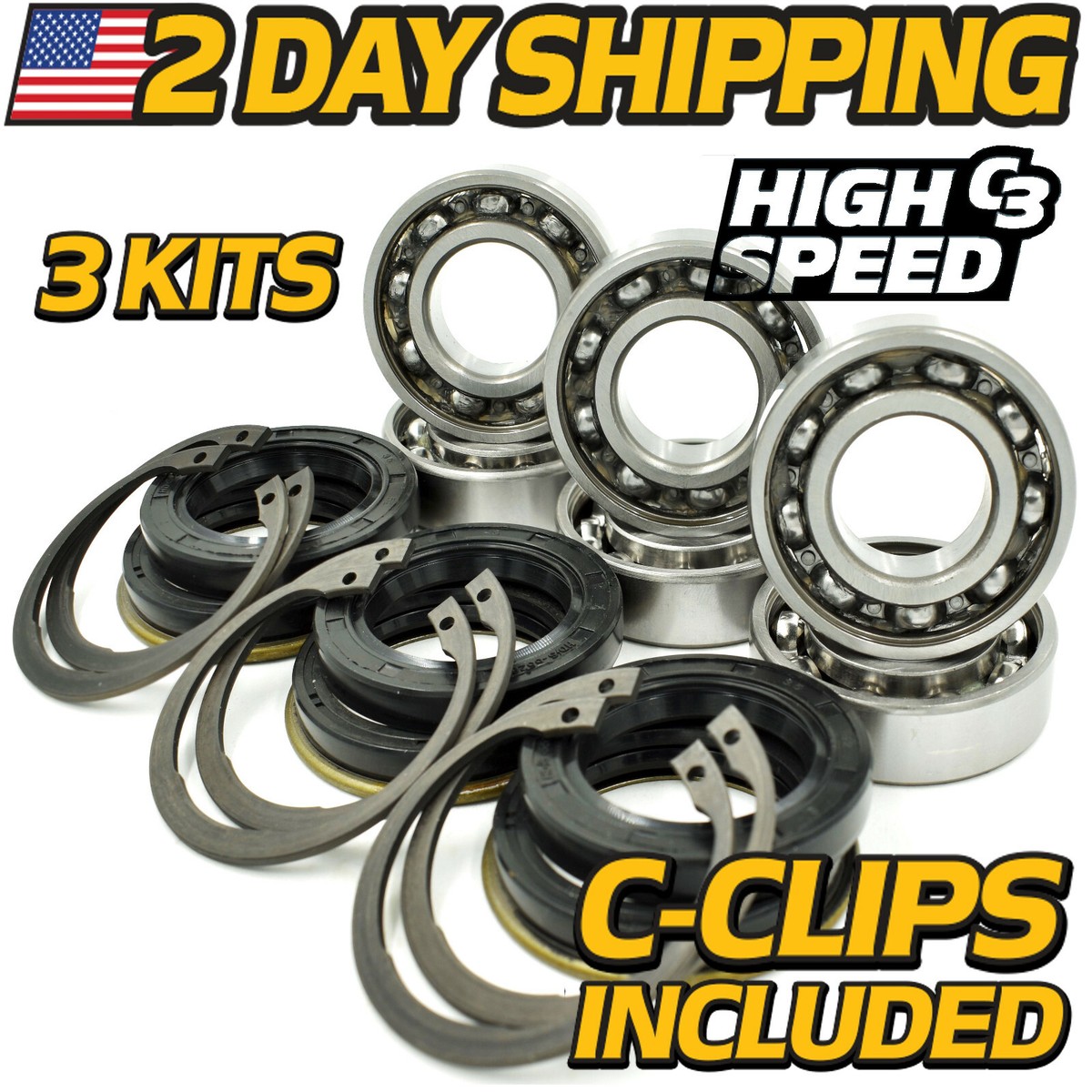 3 Kits) Spindle Bearing Rebuild Kit, Fits Kubota RCK72 K5655