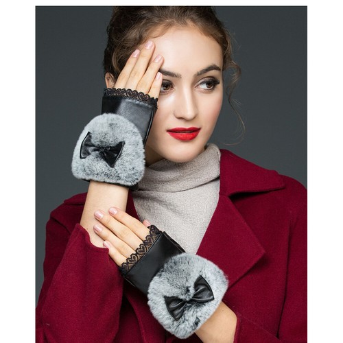 Genuine Leather Half-Finger Gloves Women'S Autumn And Winter Warm Sheepskin Rex - Picture 5 of 5