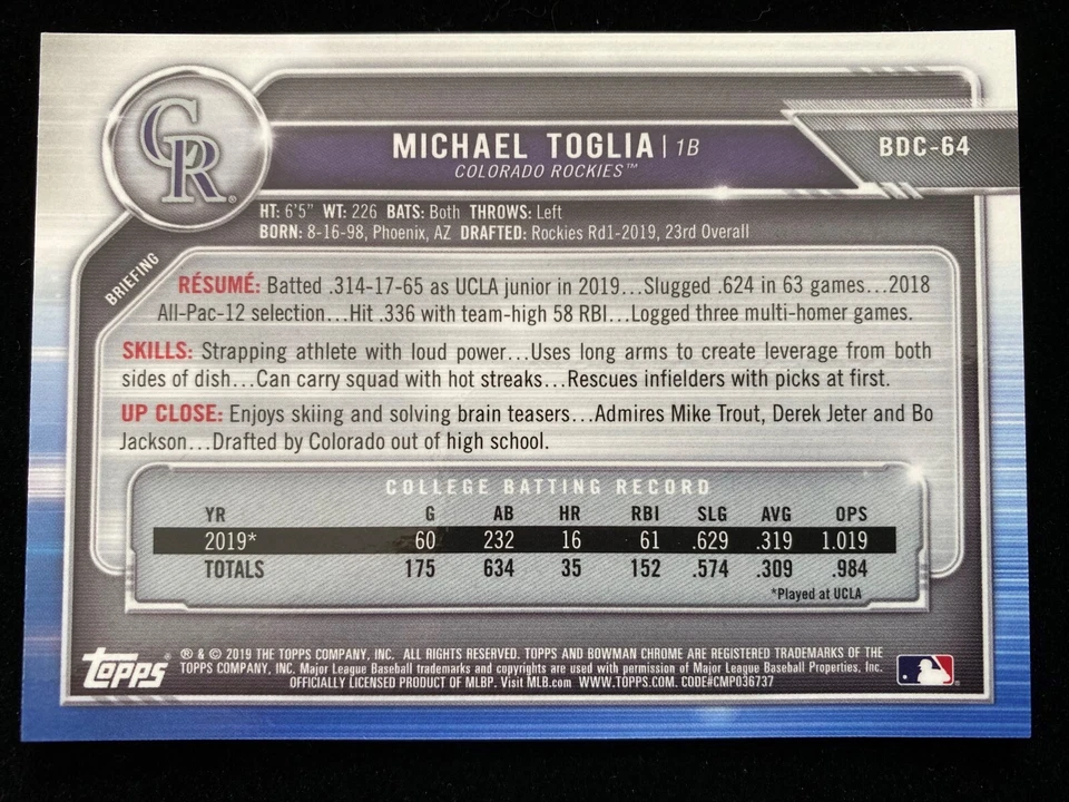 2019 Bowman Draft Chrome MICHAEL TOGLIA 1st Rookie ASIA MOJO REFRACTOR RC SP QTY - Image 2 of 4