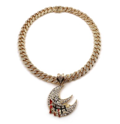 Iced Soul Eater Moon Pendant Miami Cuban Chain 16'' to 30'' inches 14k Gold Plated