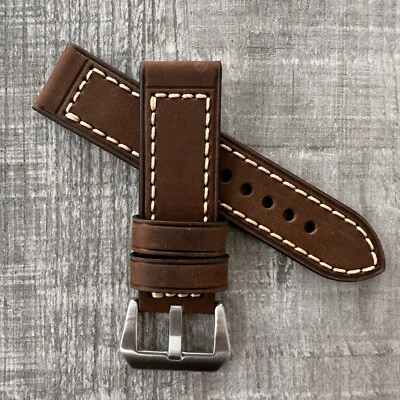 Bracelet Montre En Cuir Sombre Marron 24mm, 2 Pièces Pour OFFICINE PANERAI PAM - Photo 1/4