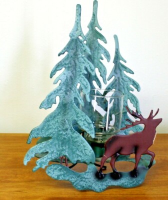 14''  Pine Tree & Elk Metal Candle Holder Rustic Log Cabin 