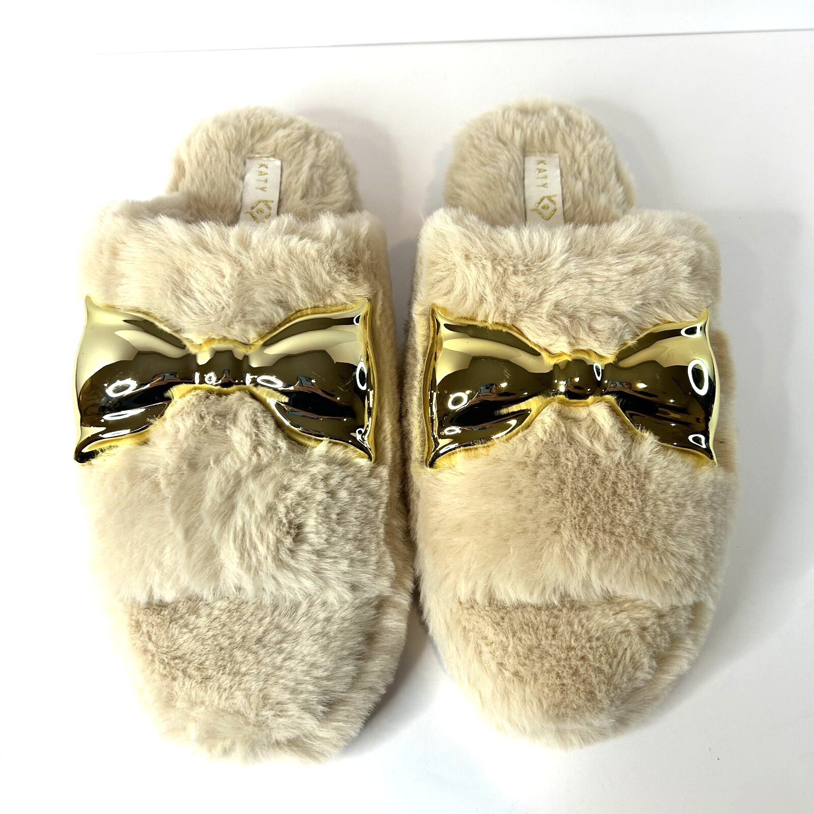 PANTOFOLA D’ORO NUOVO Katy Perry placcato oro fiocco pelliccia sintetica slide ciabatte comode slip on beige taglia 10