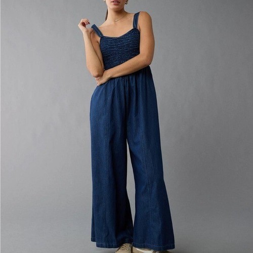 NWT AMERICAN EAGLE Blue cotton Denim smocked drop waist Jumpsuit SMALL cottage
