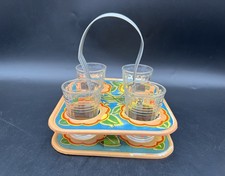 Vintage Floral Tin Litho Children  s Drink Caddy With 4 Clear Glasses JP3004 