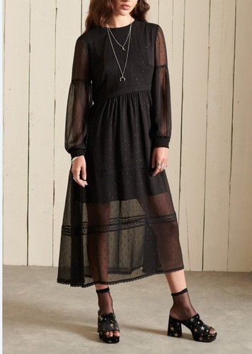 New Superdry Women’s Size 4 Metallic Midi Dress Long Sleeve Chiffon Black - Picture 9 of 9