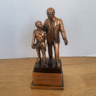 MILTON HERSHEY PA STATUE VINTAGE 8'' BRONZED METAL MONUMENT FIGURE W/CHILD