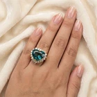 24K Gold 925 Sterling Silver Rings Pristine Sea Blue Aquamarine Heart 13.90Ct