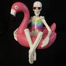 NEW Here Lies Summer Skeleton  Flamingo Pool Float Halloween SUMMERWEEN Decor