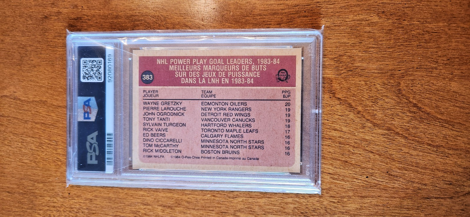 1984-85 O-PEE-CHEE WAYNE GRETZKY #383 PP GOAL LEADER PSA 9 MINT (Cert #92080169) view 4