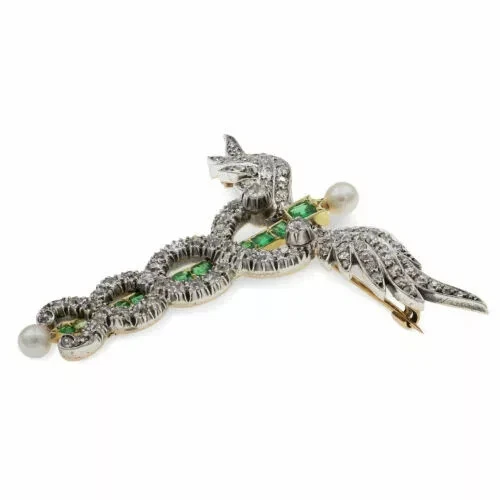 Victorian 6.3 Carat Cubic Zirconia, Emerald & Pearl Fashion Caduceus Brooch Pin - Image 2 of 4