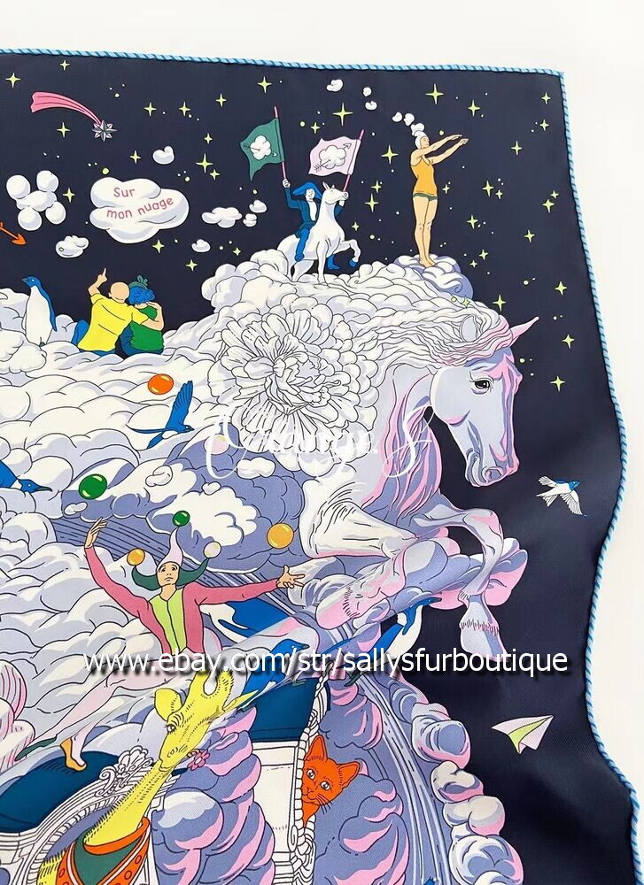 Sallys 18 Momme Twill Silk Wrap Scarf Stole Cloud Animals Double Face