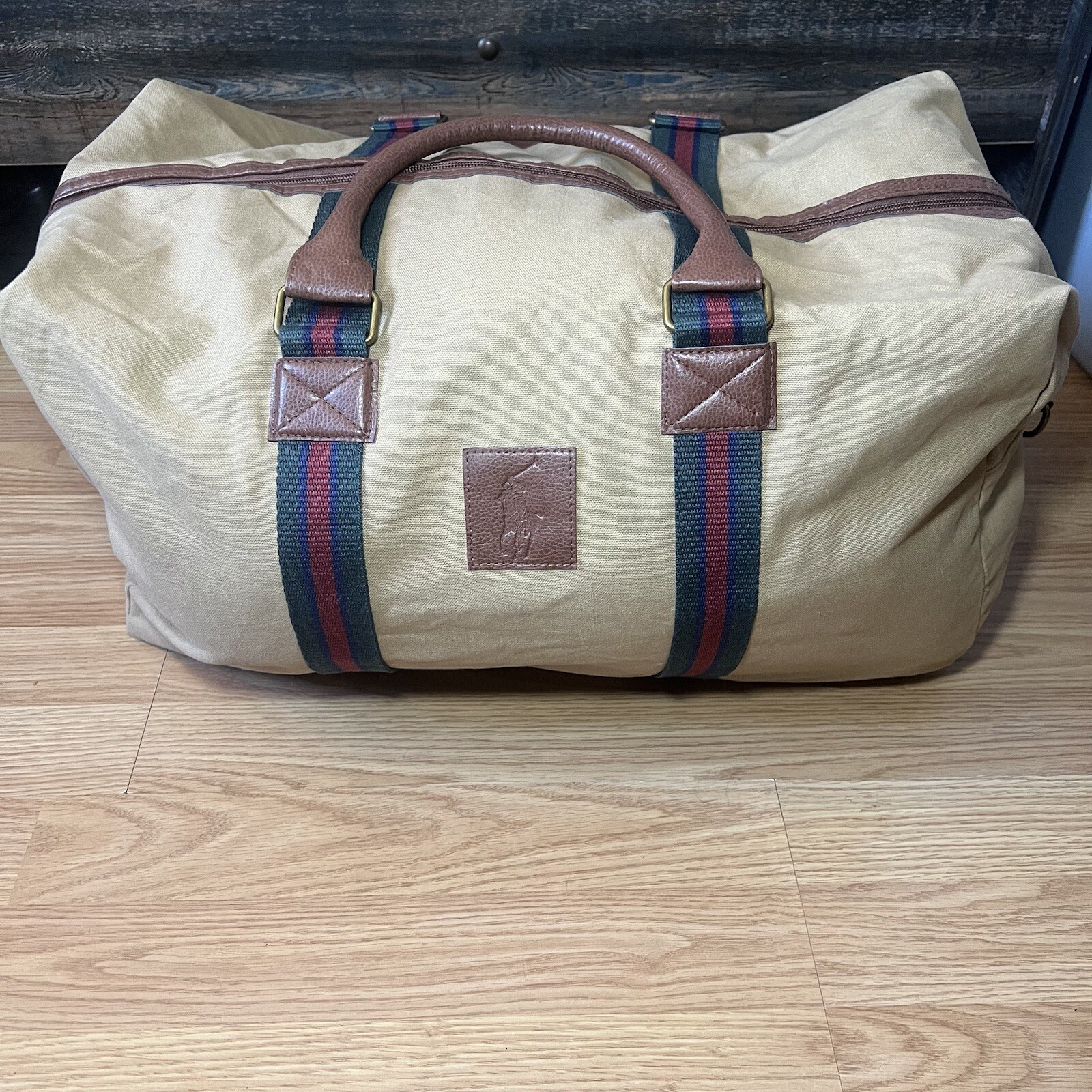 NWOT Ralph Lauren Fragrance Beige Canvas Striped Duffel Weekender Travel Bag Gym