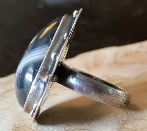Vtg Navajo Southwest Sterling Silver Black White Banded Agate Size 9~11g Signed - Picture 6 of 12