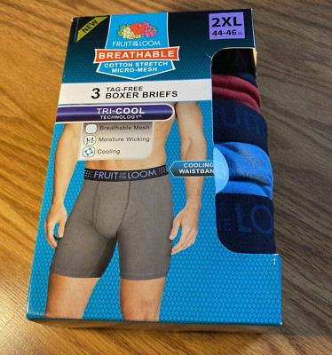 Pack of 3 Mens Fruit of the Loom Tag Free Boxer Briefs 2XL Tri-Cool Breathable