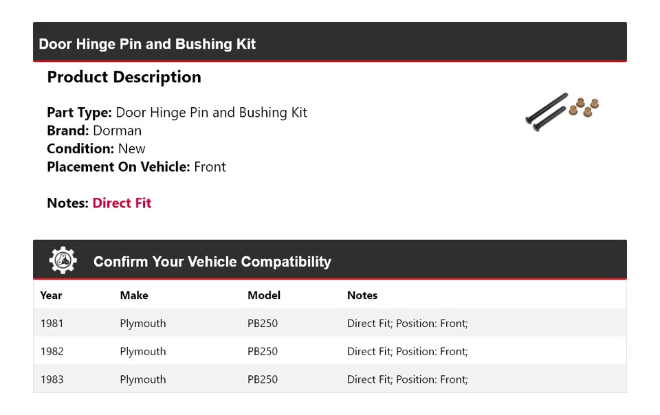 Para 1981-1983 Plymouth PB250 Dorman Dobradiça Porta Pin e Bucha Kit Frontal 1982 - Imagem 2 de 3