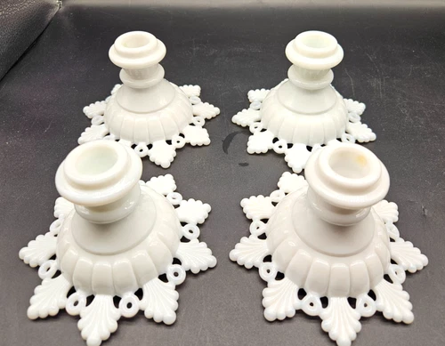 Set of 4 Vintage Westmoreland Ring & Petal White Milk Glass Candlestick Holders
