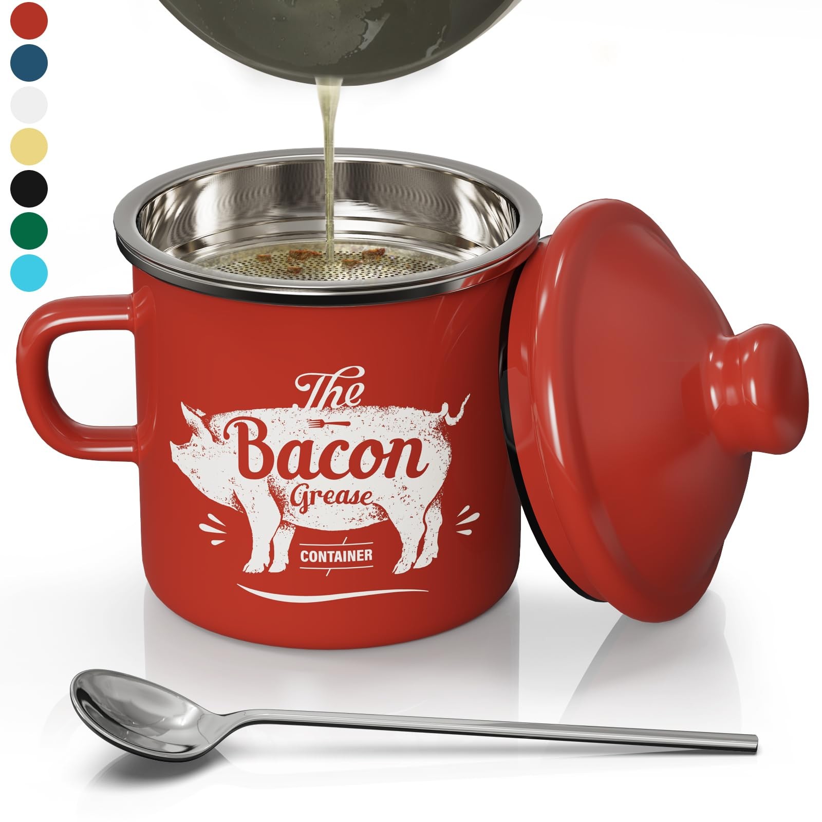PGYARD Mini Bacon Grease Container With Strainer - 15OZ Enamel 15OZ, Red
