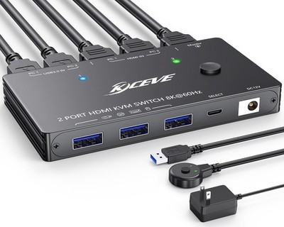 KCEVE HDMI2.1 KVM Switch 8K60Hz 4K120Hz, KVM Switch for 2 Computers Share 1 M...